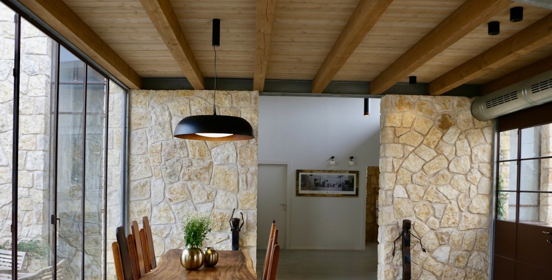 Ringwood timber frame roof project Casa de Pietra dining interior view